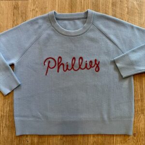 Phillies Sweater - light blue with "Phillies" across chest